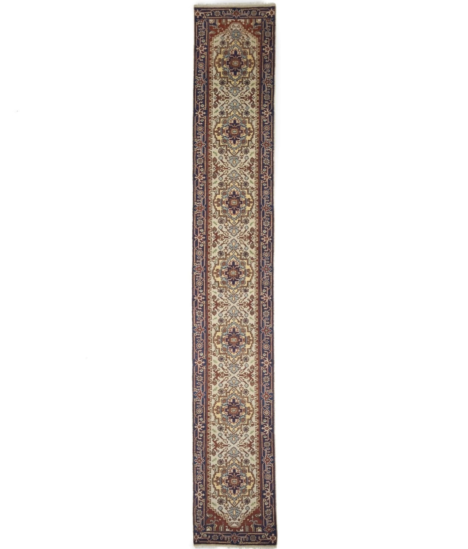 Hand-Knotted Wool Heriz Serapi Floral Runner 2'6 x 16'1 Cream: Hand-Knotted Wool Heriz Serapi Floral Runner 2'6 x 16'1 Cream Enhance your space with this exquisite 3X16 ft Cream Traditional Floral Heriz Serapi Runner Rug, perfect for hallways and kitchens. This b