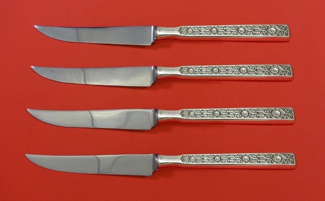 Gorham Spanish Tracery Sterling Silver Steak Knife Set 4pc Custom Made: Gorham Spanish Tracery Sterling Silver Steak Knife Set 4pc Custom Made This exquisite 4-piece steak knife set features the elegant Spanish Tracery pattern by Gorham. Crafted from high-quality sterling
