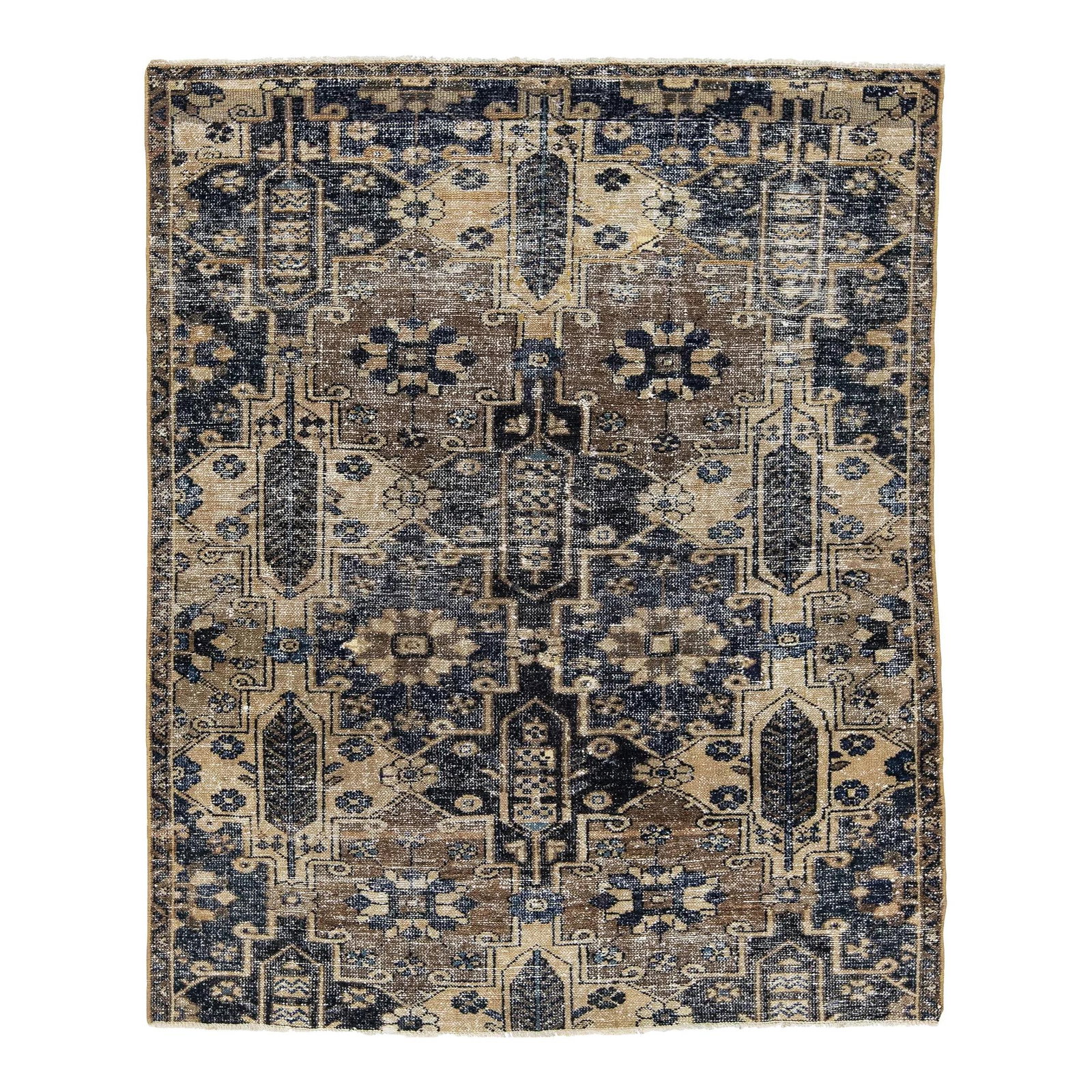 Vintage Persian Distressed Wool Rug 4'1 x 5' Geometric Design: Vintage Persian Distressed Wool Rug 4'1 x 5' Geometric Design Enhance your living space with this captivating vintage Persian wool rug. Featuring a beautiful light brown primary color complemented by 
