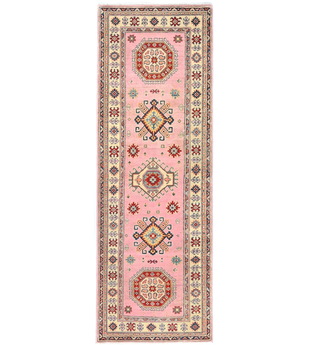 Hand Knotted Wool Kazak Runner 2'9 x 8'0 Geometric Tribal Rug: Hand Knotted Wool Kazak Runner 2'9 x 8'0 Geometric Tribal Rug Enhance your space with this stunning Kazak Oriental Runner Rug, perfect for bedrooms and hallways. Measuring 2'9" x 8'0" (33 in x 96 in),
