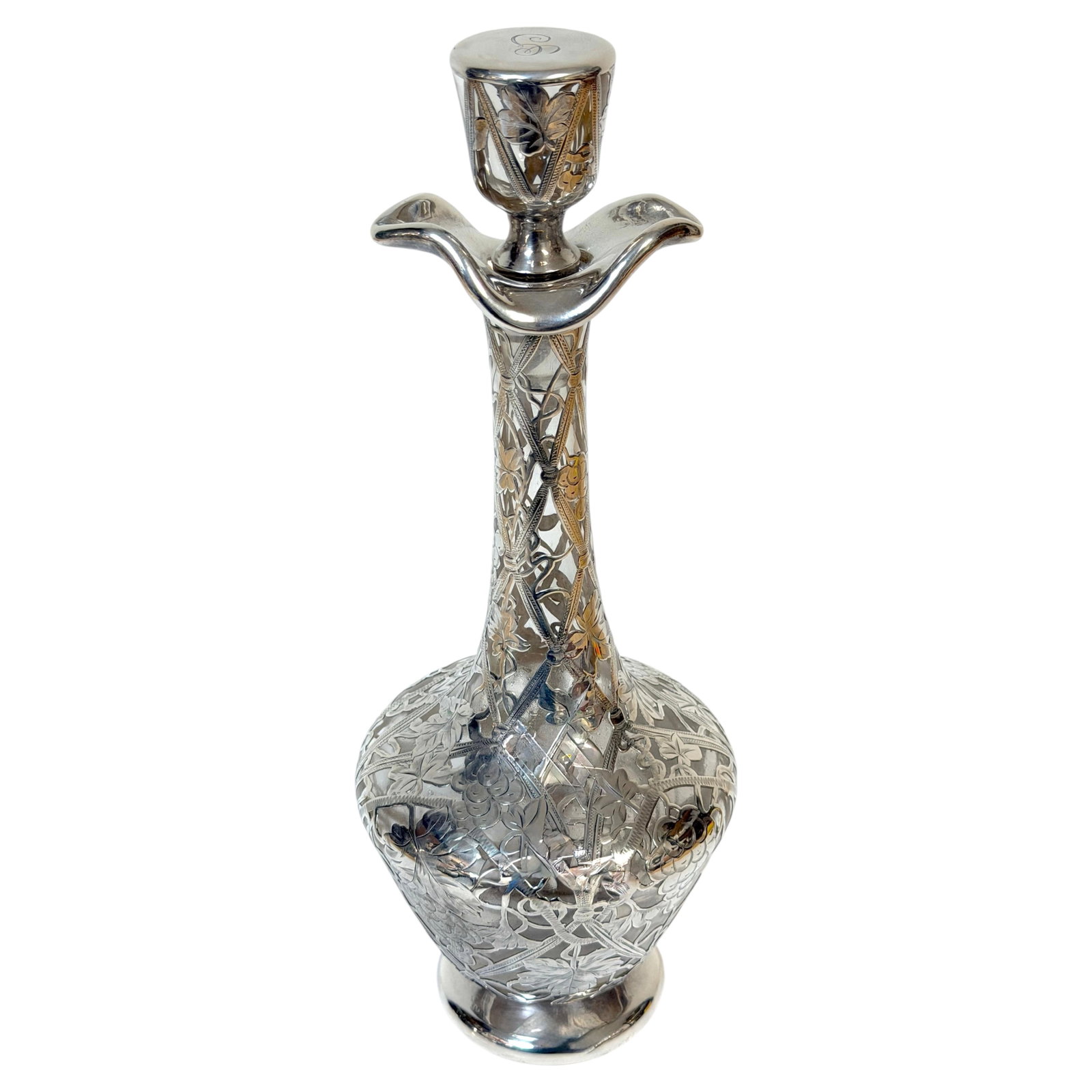 12.5 in Art Nouveau glass decanter with sterling silver grapevine overlay (1 of 14)