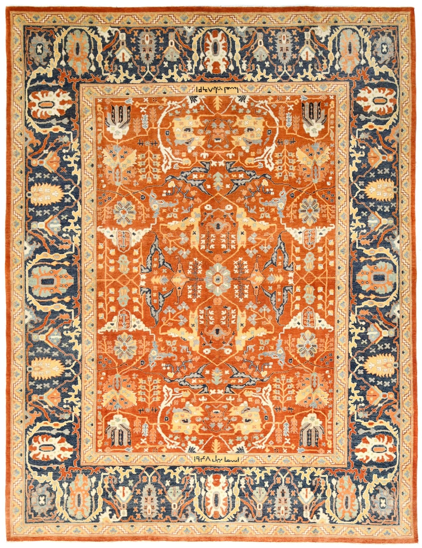 Large Hand-Knotted Oushak Wool Rug 9'1 x 11'10 Orange Floral Modern: Large Hand-Knotted Oushak Wool Rug 9'1 x 11'10 Orange Floral Modern Enhance your living space with this exquisite hand-knotted Oushak oriental rug, featuring a vibrant color palette of orange, plum, c