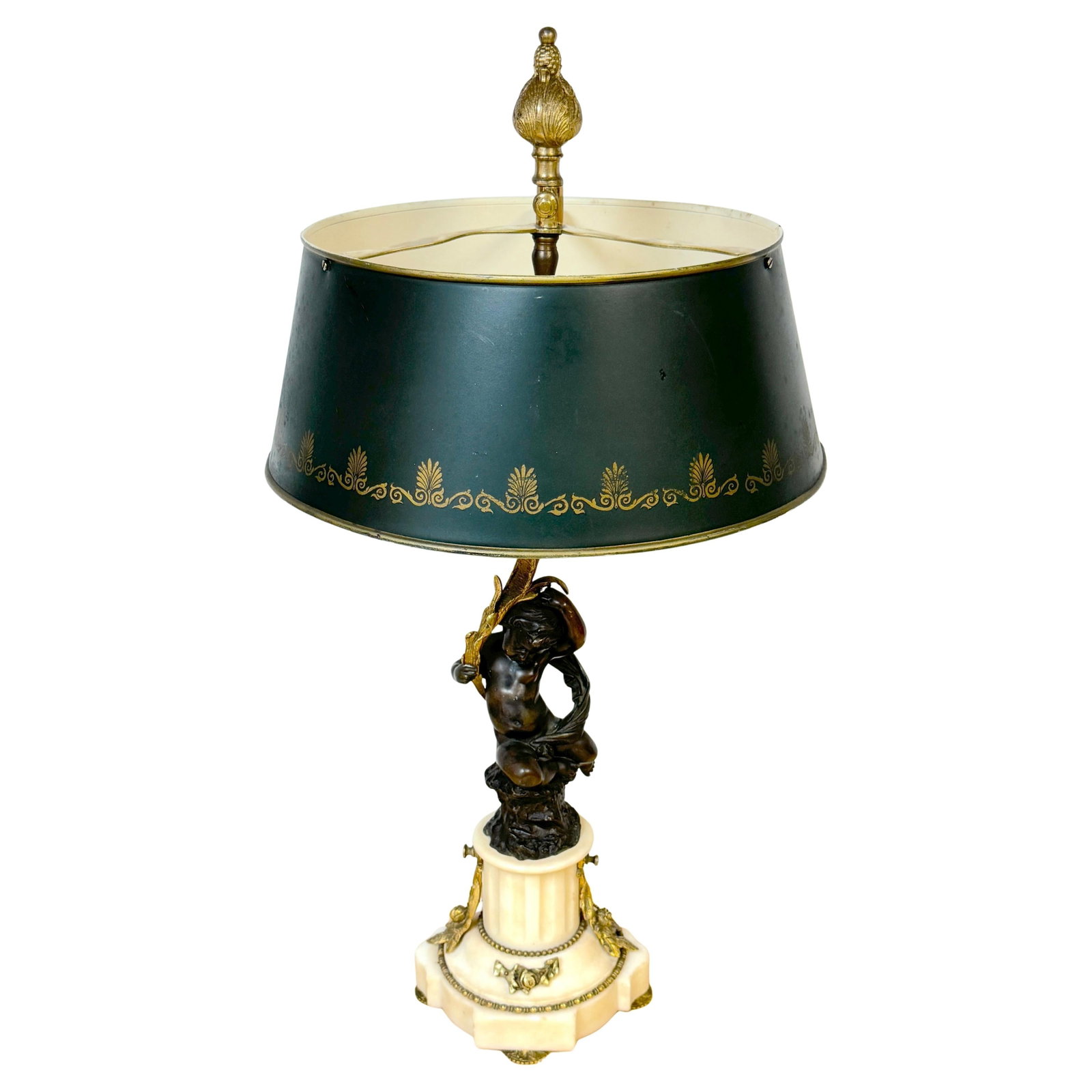 19th Century Louis XVI Figural Bouillotte Lamp with Ormolu Bronze: 19th Century Louis XVI Figural Bouillotte Lamp with Ormolu Bronze This exquisite Louis XVI-style figural Bouillotte lamp from France, crafted in the 19th century and electrified circa 1925, showcases 