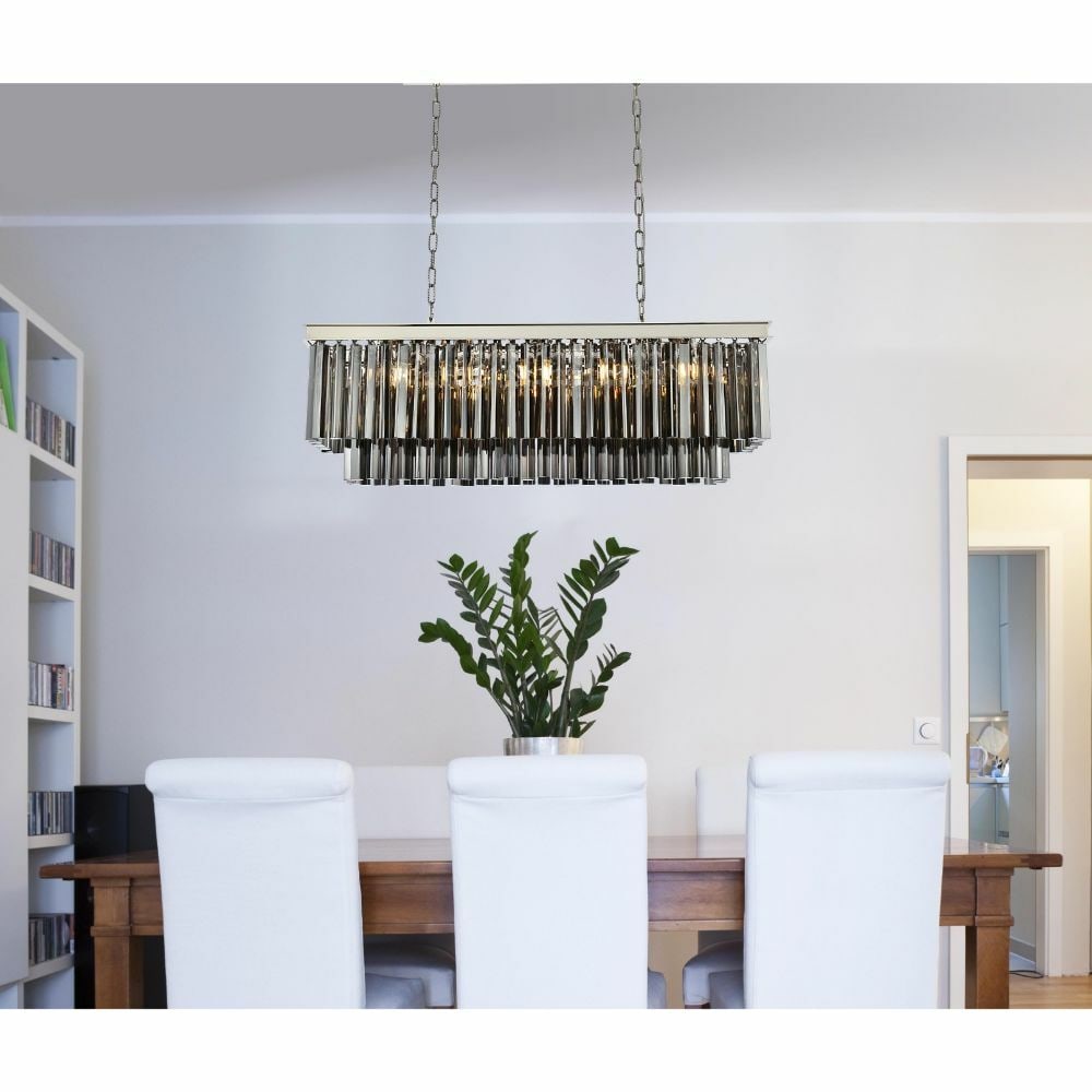 Sydney 12-Light Crystal Chandelier Polished Nickel 40 in: Sydney 12-Light Crystal Chandelier Polished Nickel 40 in A modern 12-light chandelier with a polished nickel finish and crystal construction. It features a height-adjustable design, downward and upwar