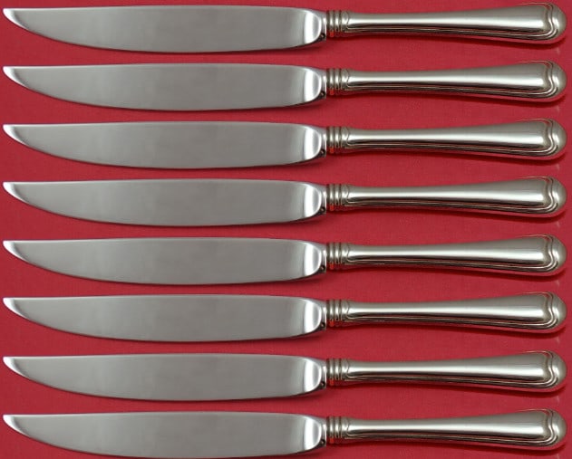 Gorham Old French Sterling Silver Steak Knife Set 8pc Not Serrated 8": Gorham Old French Sterling Silver Steak Knife Set 8pc Not Serrated 8" Enhance your dining experience with this exquisite set of eight Old French steak knives by Gorham. Crafted with a sterling silver 