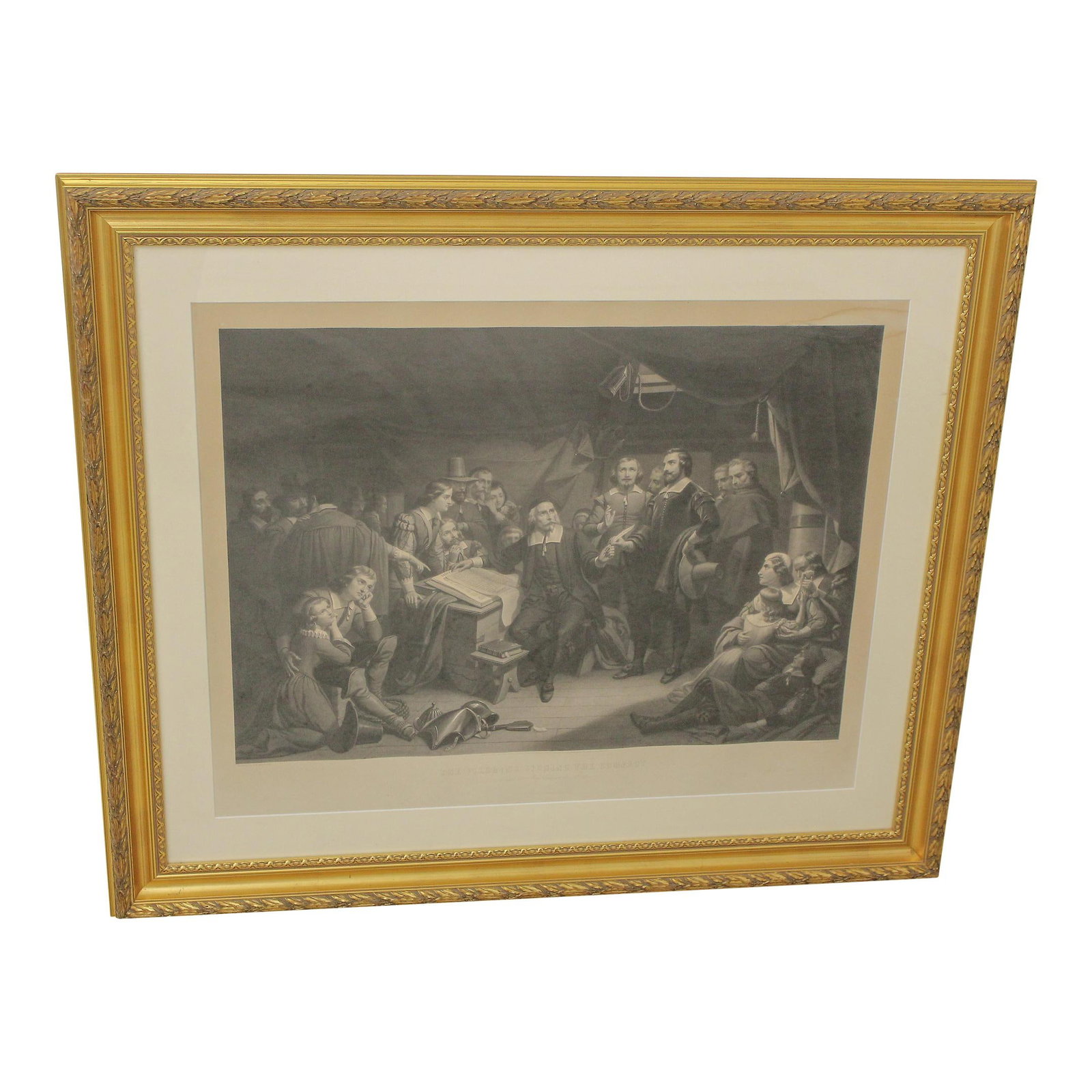 Vintage 19th Century Engraving The Pilgrims Signing Gold Framed Art: Vintage 19th Century Engraving The Pilgrims Signing Gold Framed Art This exquisite vintage engraving titled "The Pilgrims Signing The Compact" dates back approximately 125 years, showcasing a rich his