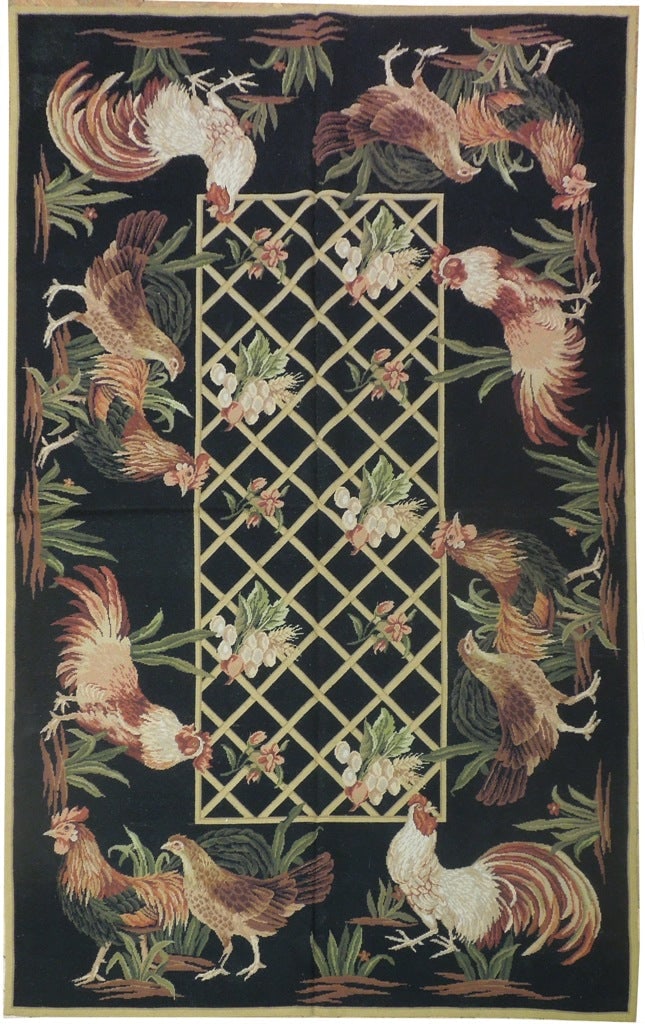 5' x 8' Black Needlepoint Rug with Rooster Design Handmade in China (1 of 6)