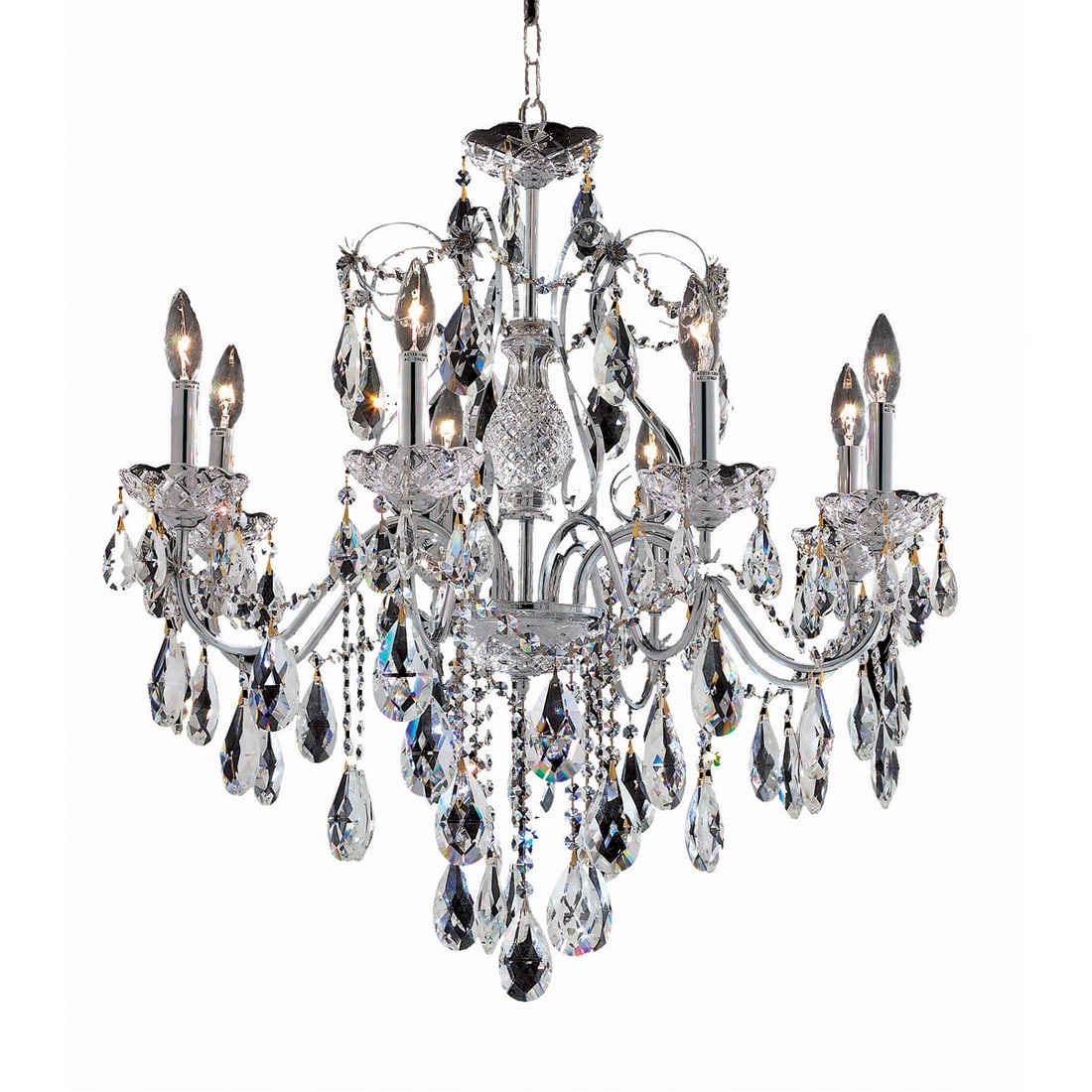 St. Francis 8-Light Chrome Crystal Chandelier 26 Inch: St. Francis 8-Light Chrome Crystal Chandelier 26 Inch This pre-owned chandelier features a modern design with polished chrome and clear glass, accented by teardrop royal cut crystals. The fixture is d