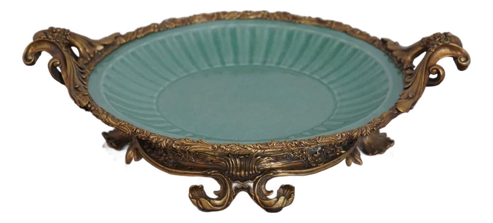 French Style Center Bowl with Bronze Trim and Green Crackle Porcelain: French Style Center Bowl with Bronze Trim and Green Crackle Porcelain This exquisite French style center bowl features a stunning green crackle finish porcelain body, elegantly complemented by solid b