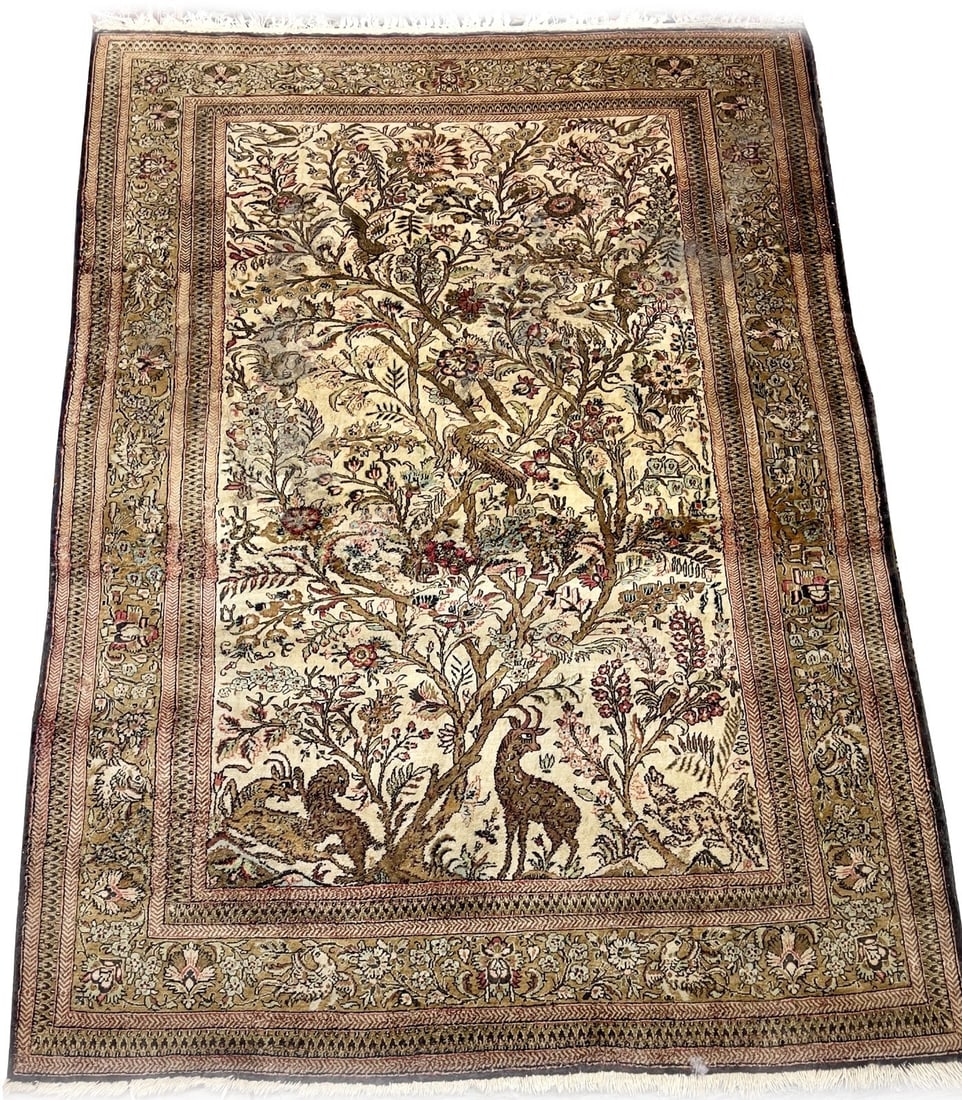 Vintage Tree of Life Silk Ghomm Rug 4 x 5 ft Hand Knotted: Vintage Tree of Life Silk Ghomm Rug 4 x 5 ft Hand Knotted This vintage Persian Silk Ghom rug features a traditional Tree of Life pattern and is hand-knotted from 100% organic silk, including a silk fo
