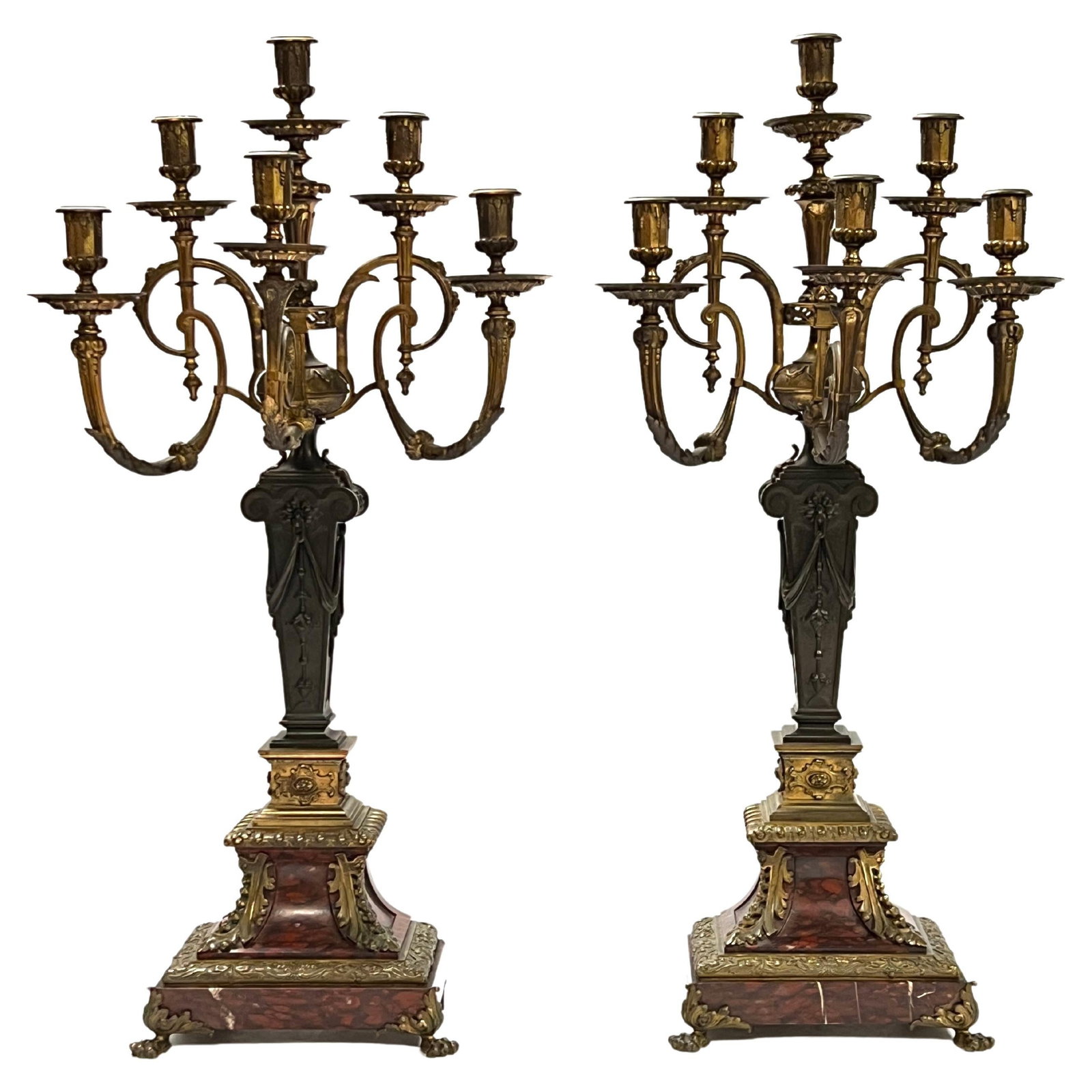 Set of Two French Empire Revival Gilt Bronze Candelabra with Rouge Marble Bases: Set of Two French Empire Revival Gilt Bronze Candelabra with Rouge Marble Bases This impressive pair of French Empire Revival candelabra dates to the late 19th century and features gilt bronze constru