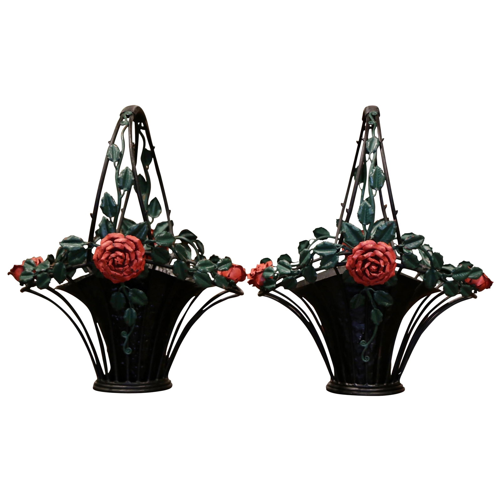 Set of 2 French Painted Iron Hanging Jardinieres with Roses (1 of 11)