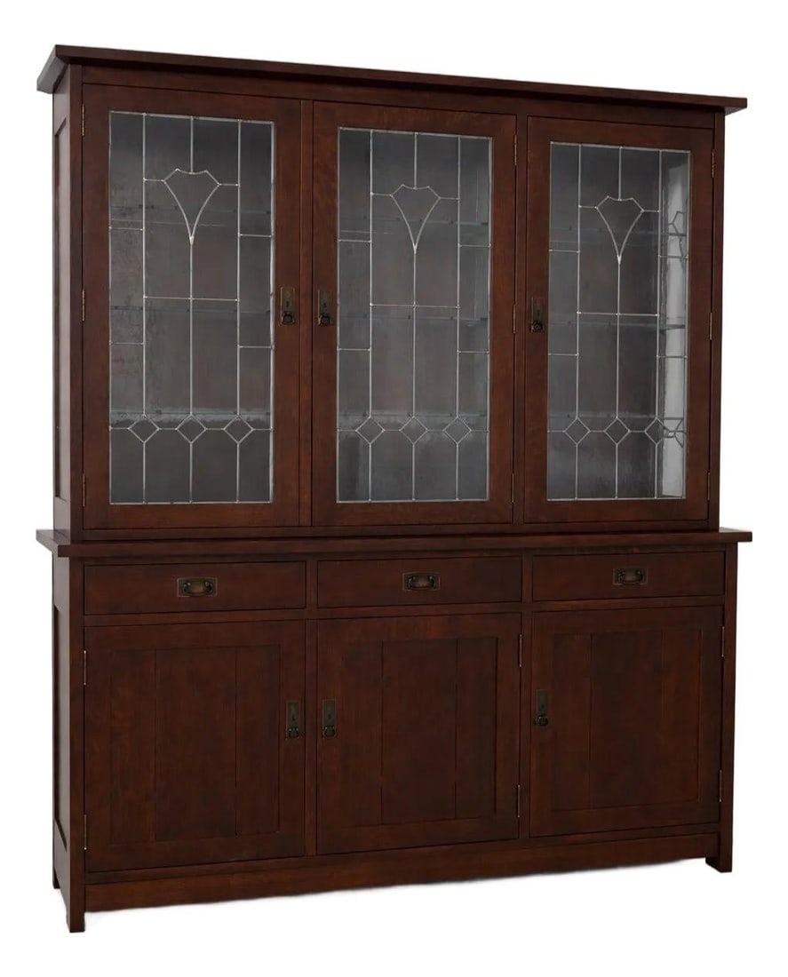 Arts and Crafts Style Oak China Cabinet With Leaded Glass Doors (1 of 10)
