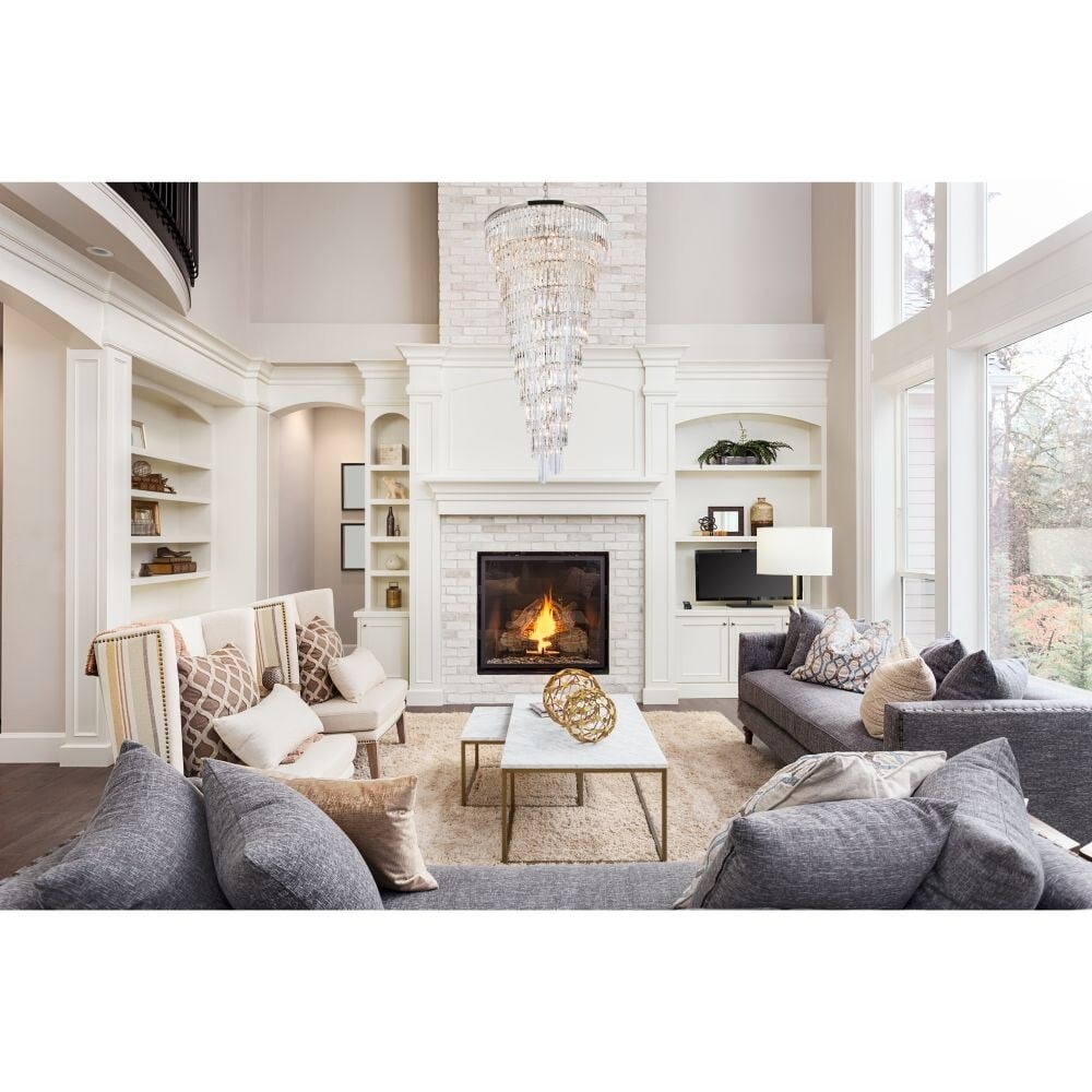 Sydney 42 Light Crystal Chandelier Polished Nickel 72 in: Sydney 42 Light Crystal Chandelier Polished Nickel 72 in Modern crystal chandelier with 42 lights, featuring a polished nickel finish, clear crystal, and a durable iron and steel frame. The fixture is