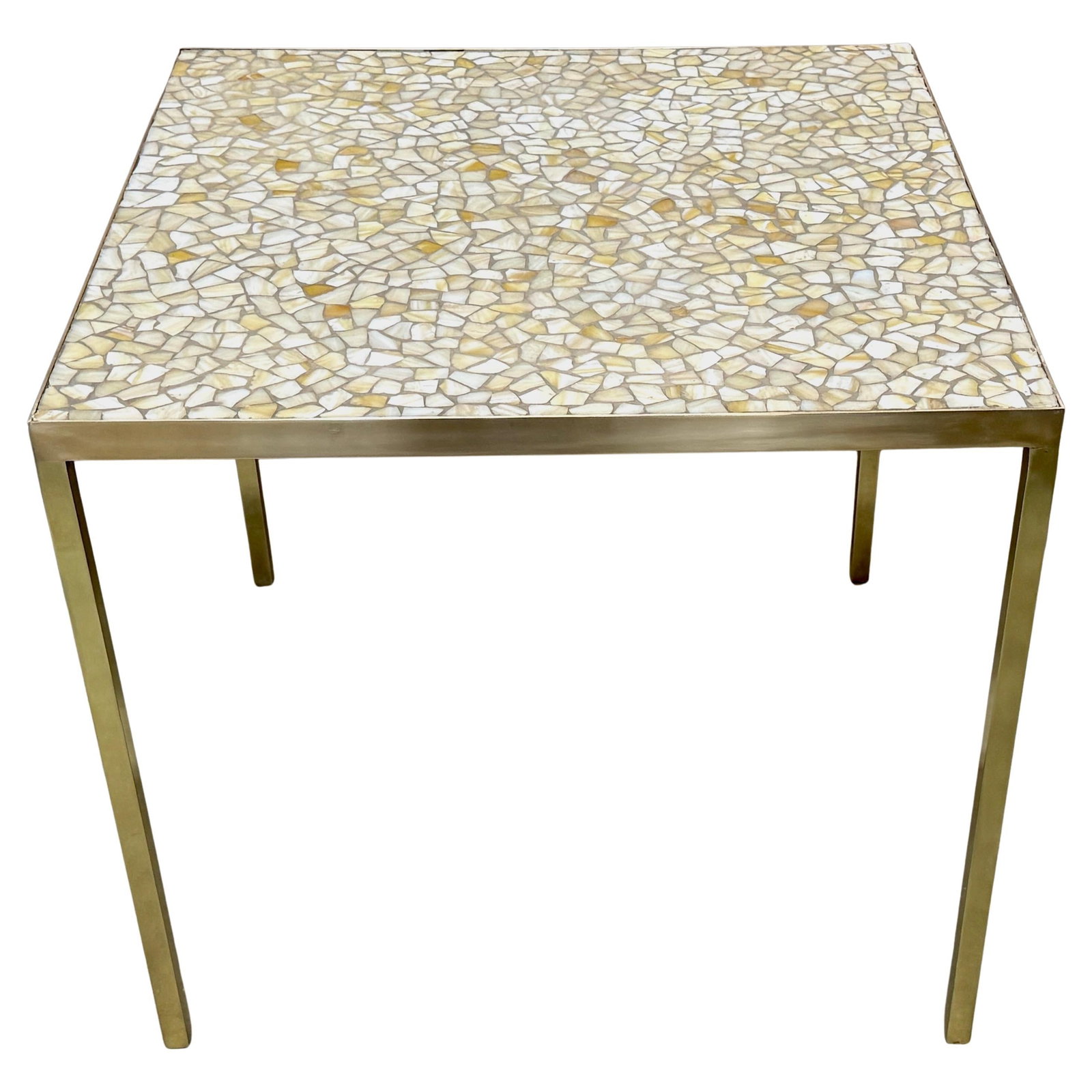Mid-Century Modern Game Table With Brass and Stained Glass Inlay Attributed to Lapidus: Mid-Century Modern Game Table With Brass and Stained Glass Inlay Attributed to Lapidus This Mid-Century Modern games table, designed by Morris Lapidus in the 1950s, features a square brass top inlaid 