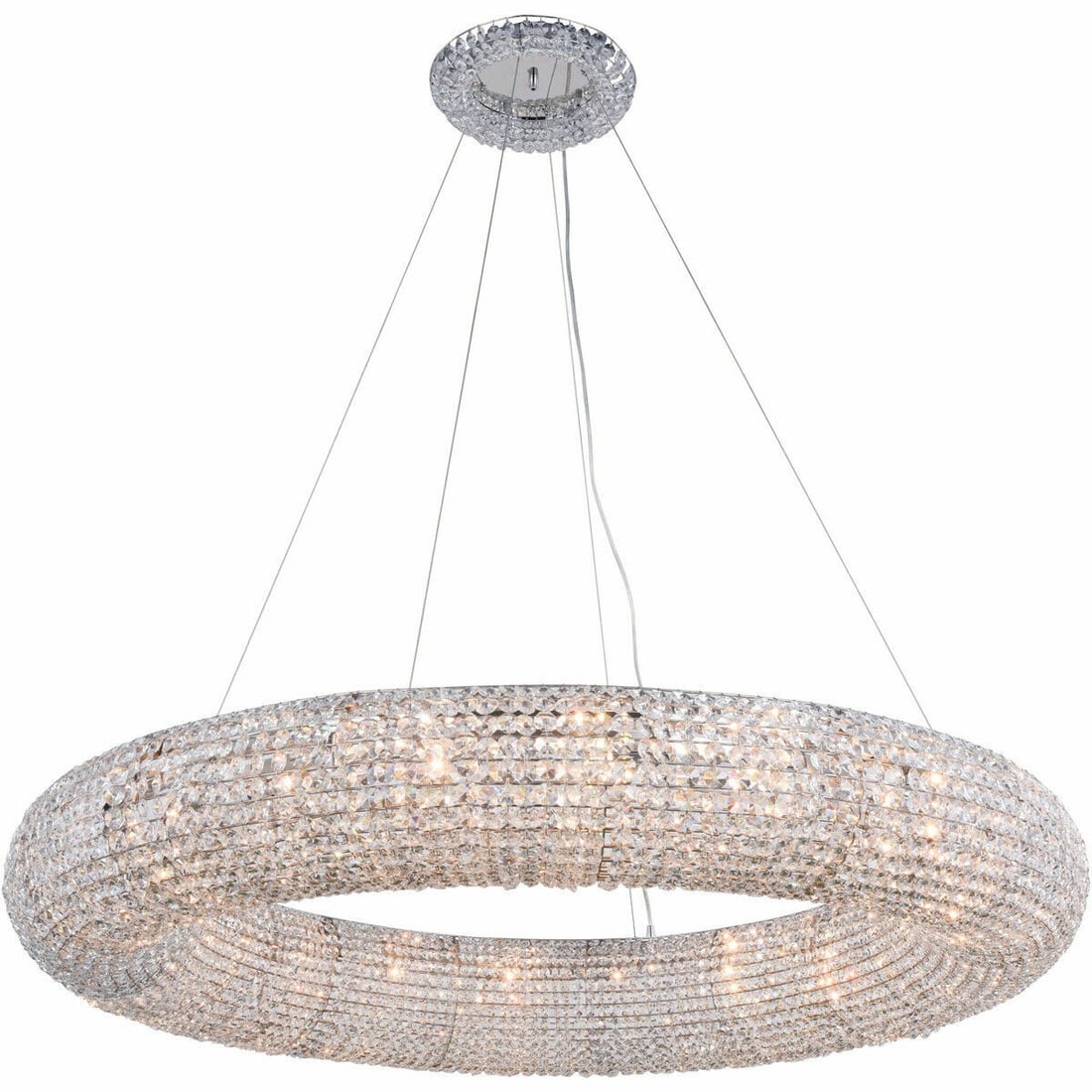 Paris 20 Light Chrome Crystal Chandelier 52 Inch Halo Fixture: Paris 20 Light Chrome Crystal Chandelier 52 Inch Halo Fixture This large, modern crystal chandelier features a striking halo design with a polished chrome finish, making it an elegant centerpiece for 