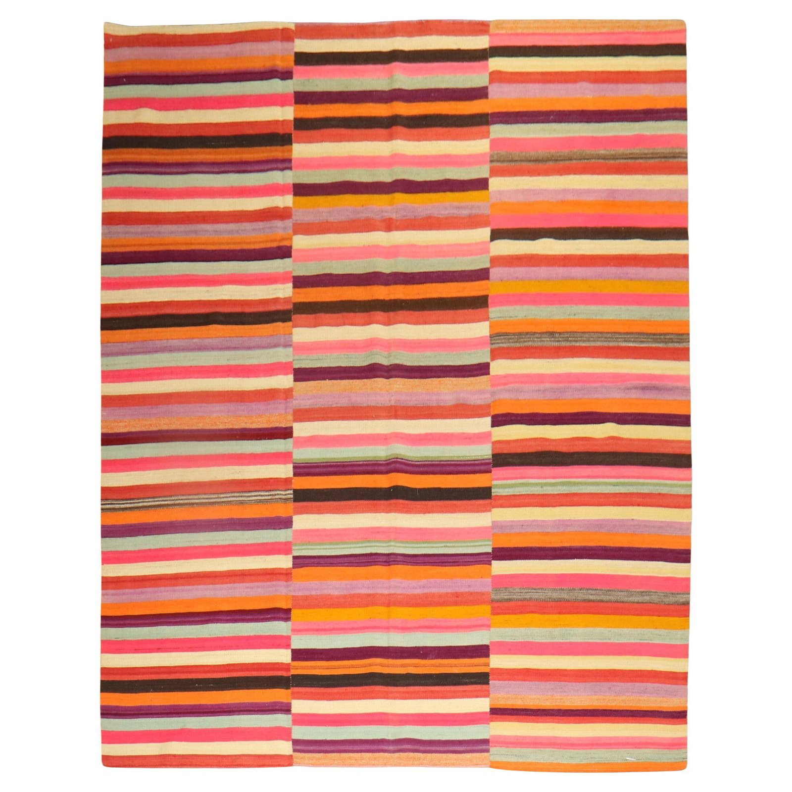 Vibrant Striped Turkish Kilim Rug from Zabihi Collection 84x111: Vibrant Striped Turkish Kilim Rug from Zabihi Collection 84x111 Introducing a stunning and unique late 20th Century Turkish Kilim, expertly hand-woven from high-quality wool. This colorful striped rug