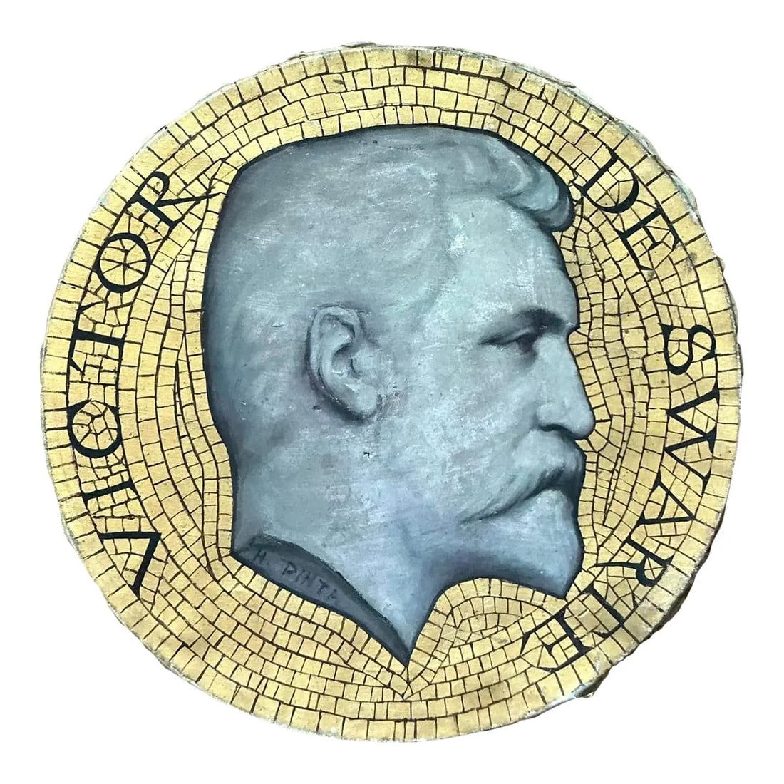 Original Oil on Canvas Medallion Painting Boho Mosaic Profile 18 Inch Round: Original Oil on Canvas Medallion Painting Boho Mosaic Profile 18 Inch Round This vintage Boho medallion is an original oil painting on canvas featuring a circular profile portrait in muted tones. The 
