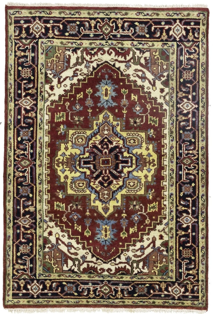 4'1 x 6'0 Wool Tribal Geometric Area Rug Hand-Knotted Serapi Style: 4'1 x 6'0 Wool Tribal Geometric Area Rug Hand-Knotted Serapi Style This hand-knotted Heriz Serapi area rug features a striking geometric tribal pattern in rusty red, dark navy, cream, light blue, and 