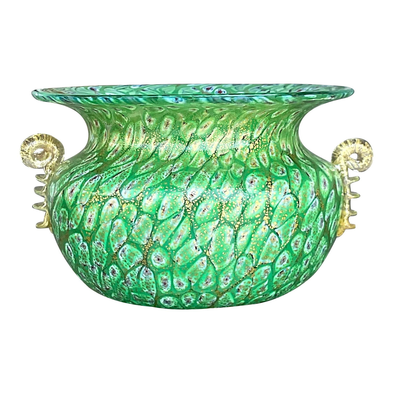 Vintage Murano Inspired Boho Glass Bowl in Green: Vintage Murano Inspired Boho Glass Bowl in Green This vintage Boho Italian glass bowl, inspired by the renowned Murano style, features a stunning array of vibrant colors and elegant patterns, making i