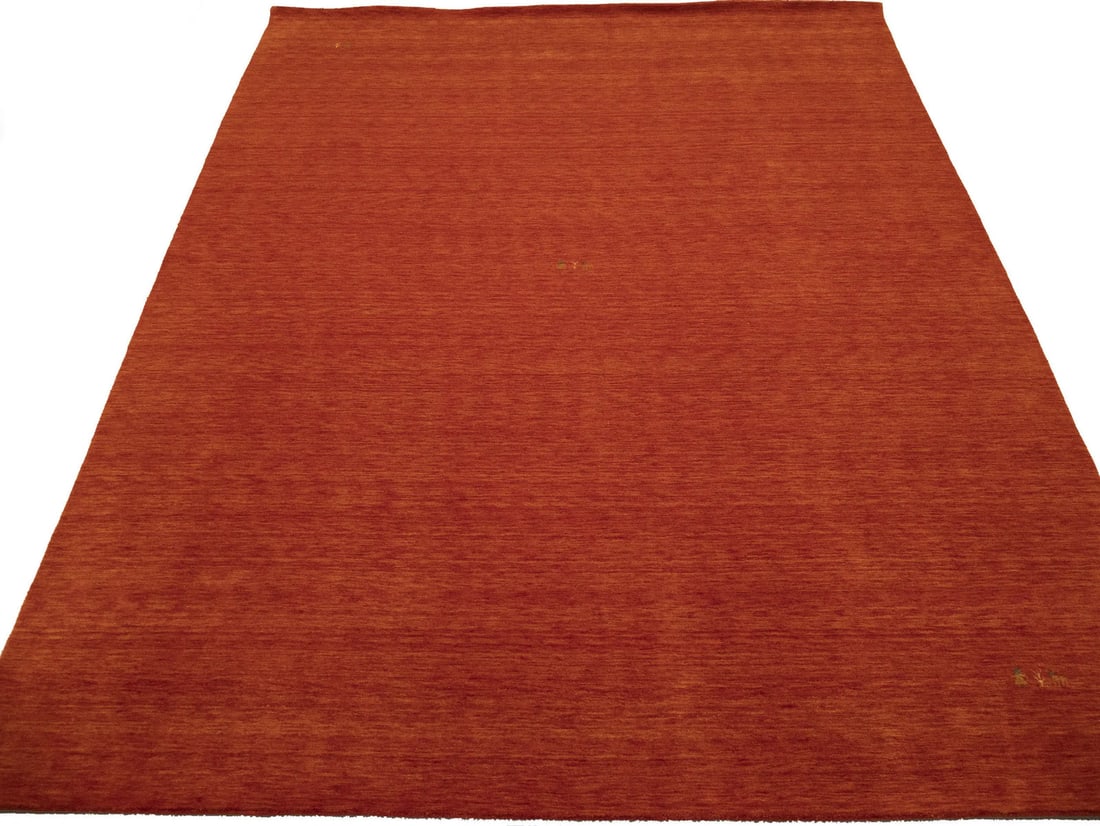 Gabbeh Modern Wool Rug 9' x 11'11 Pictorial Design Orange-Red: Gabbeh Modern Wool Rug 9' x 11'11 Pictorial Design Orange-Red Enhance your living space with this stunning Gabbeh Modern Rug, expertly crafted from high-quality wool. This hand-loomed area rug measure
