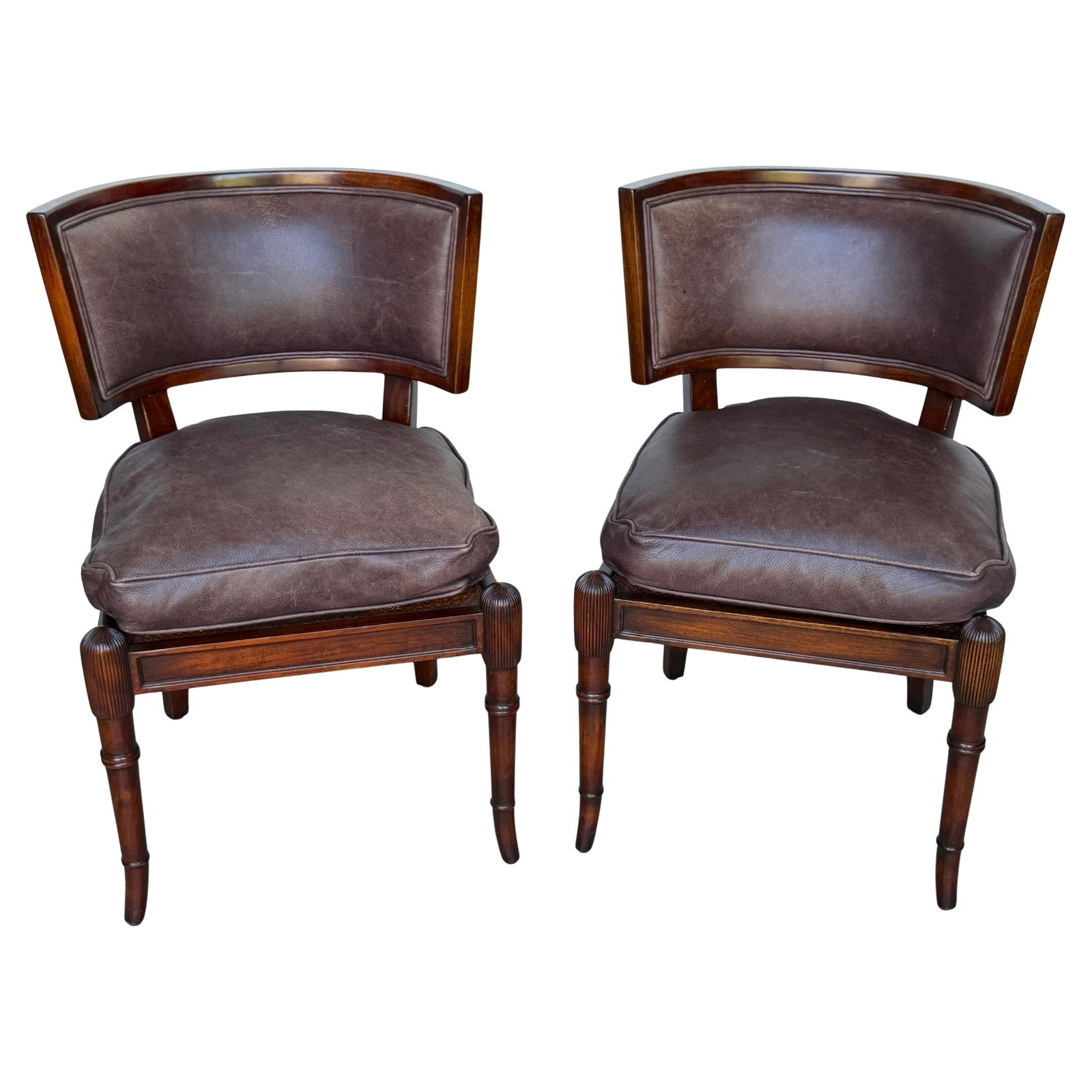 Set of 2 Mahogany Neoclassical Klismos Armchairs with Cane and Leather Seats: Set of 2 Mahogany Neoclassical Klismos Armchairs with Cane and Leather Seats This pair of Neoclassical Klismos chairs features hand-woven cane seats and removable taupe chocolate-brown leather cushion