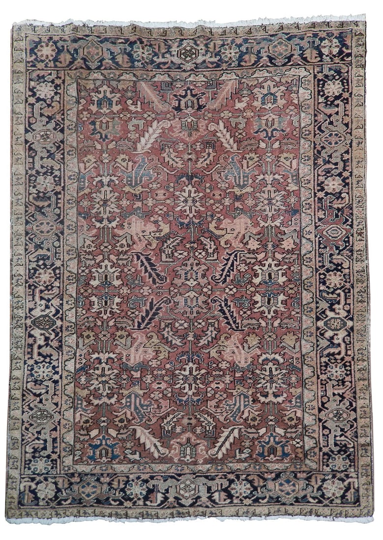 Hand-Knotted Persian Heriz Rug 6'10 x 9' Salmon Wool Area Carpet: Hand-Knotted Persian Heriz Rug 6'10 x 9' Salmon Wool Area Carpet Free continental US Shipping Enhance your living space with this stunning 6' 10" x 9' Salmon Antique Persian Heriz Rug, a perfect blend