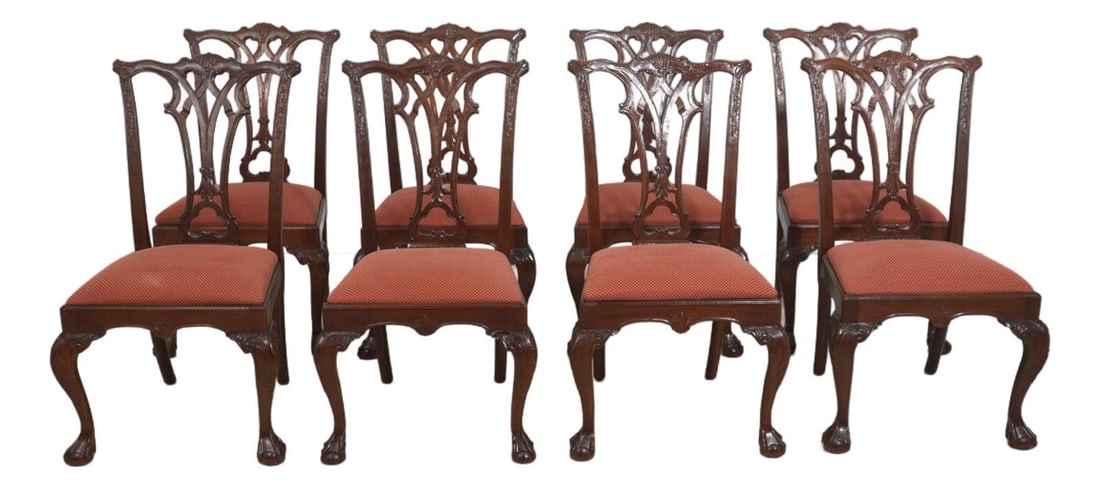Set of Eight Chippendale Style Mahogany Dining Chairs with Carved Ball Claw Feet: Set of Eight Chippendale Style Mahogany Dining Chairs with Carved Ball Claw Feet This set of 8 dining chairs features a classic Chippendale style with fine carved details and traditional ball and claw