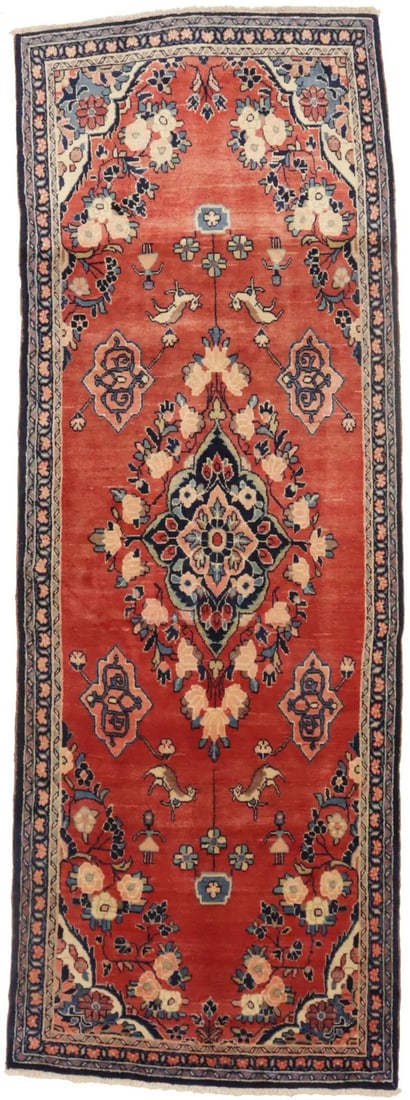 Hand Knotted Wool Tribal Floral Runner 3'9 X 10'6 Vintage: Hand Knotted Wool Tribal Floral Runner 3'9 X 10'6 Vintage Discover the charm of this Vintage 4X10 Oriental Runner Rug, featuring a beautiful Tribal Floral Design, perfect for enhancing hallways or kit