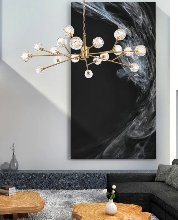 48 in Graham 18 Light Crystal Iron Pendant Chandelier Gold: 48 in Graham 18 Light Crystal Iron Pendant Chandelier Gold Modern Sputnik-style crystal chandelier pendant fixture with 18 lights and a gold finish. It features crystal and iron construction, a round 