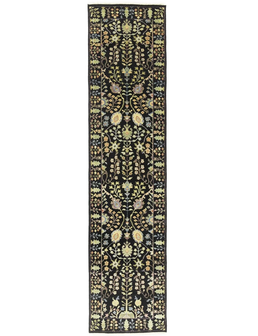 Chobi Wool Floral Runner Rug 2'5 x 10'2 Black: Chobi Wool Floral Runner Rug 2'5 x 10'2 Black This Chobi Tree of Life runner rug features a hand-knotted wool construction with a modern floral pattern in shades of black, cream, blue, green, violet, 