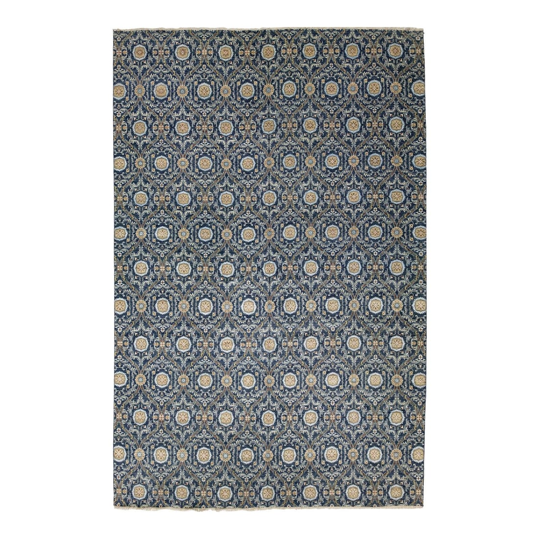 13x20 Hand Knotted Wool Area Rug in Midnight Blue Ikat Style: 13x20 Hand Knotted Wool Area Rug in Midnight Blue Ikat Style Hand-knotted wool area rug with an Ikat-inspired design, featuring traditional motifs, oversized floral palmettes, and interlocking vine sc