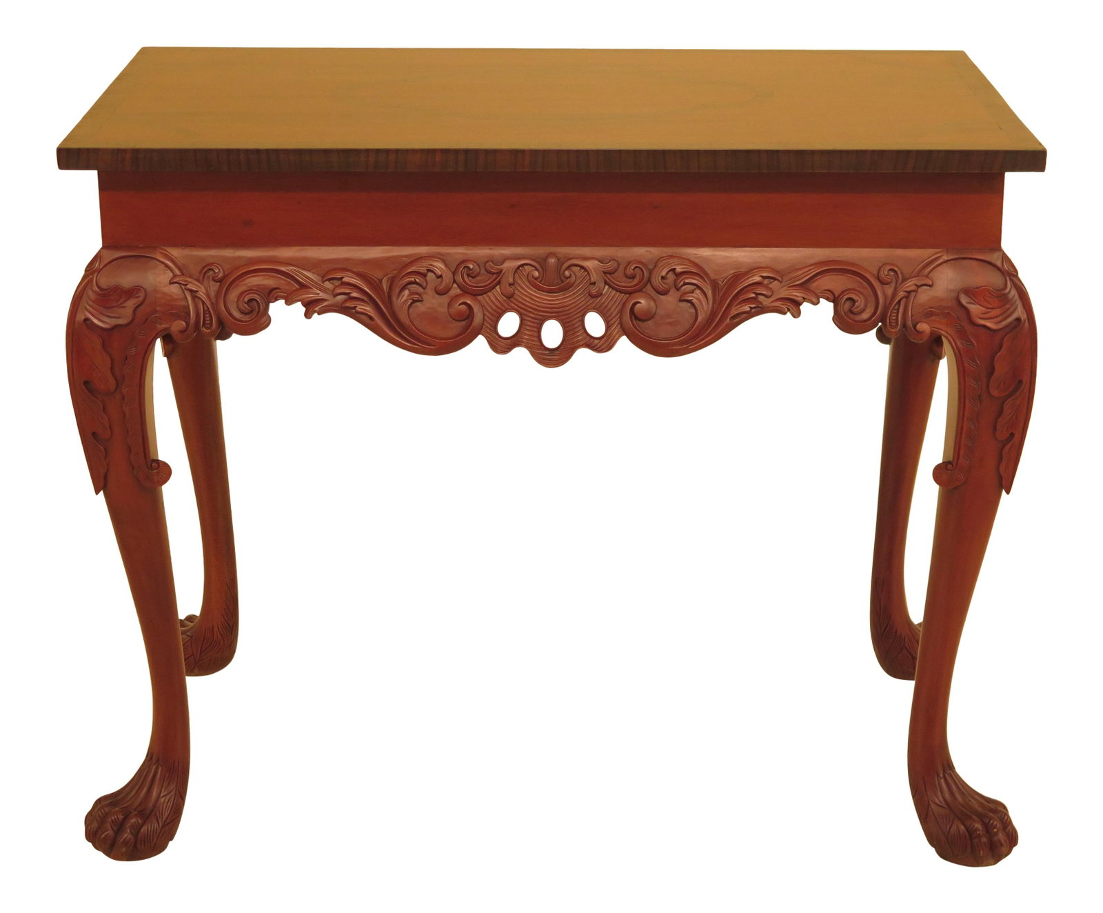1980s Georgian Mahogany Hall Table with Paw Feet and Inlaid Top: 1980s Georgian Mahogany Hall Table with Paw Feet and Inlaid Top This elegant Georgian style hall table from the 1980s showcases exquisite craftsmanship with its carved skirt and distinctive paw feet. 