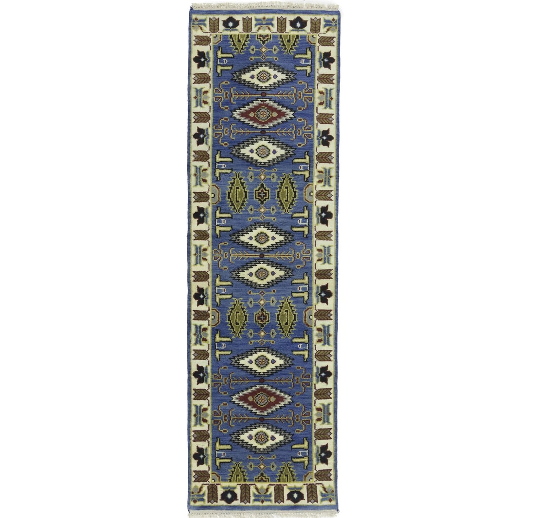 Hand Knotted Wool Kazak Runner 2'6 x 8'0 Geometric Blue: Hand Knotted Wool Kazak Runner 2'6 x 8'0 Geometric Blue This hand-knotted Kazak Oriental runner rug features a geometric pattern in blue, cream, red, yellow, dark brown, and light gray hues. Crafted f