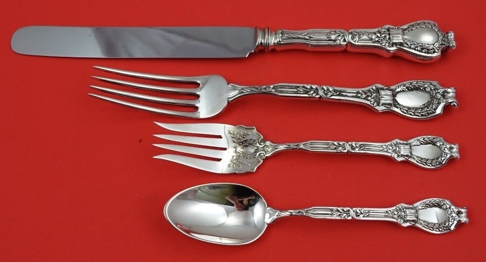 Durgin Du Barry Sterling Silver 4-Piece Dinner Place Setting: Durgin Du Barry Sterling Silver 4-Piece Dinner Place Setting Enhance your dining experience with this exquisite 4-piece place setting in the Du Barry pattern by Durgin. Crafted from high-quality sterl