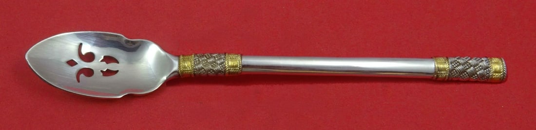 Wallace Aegean Weave Gold Sterling Silver Pierced Olive Spoon 5 3/4 Custom: Wallace Aegean Weave Gold Sterling Silver Pierced Olive Spoon 5 3/4 Custom Sterling silver olive spoon in the Aegean Weave Gold pattern by Wallace. This custom-made pierced serving spoon is 5 3/4 inch