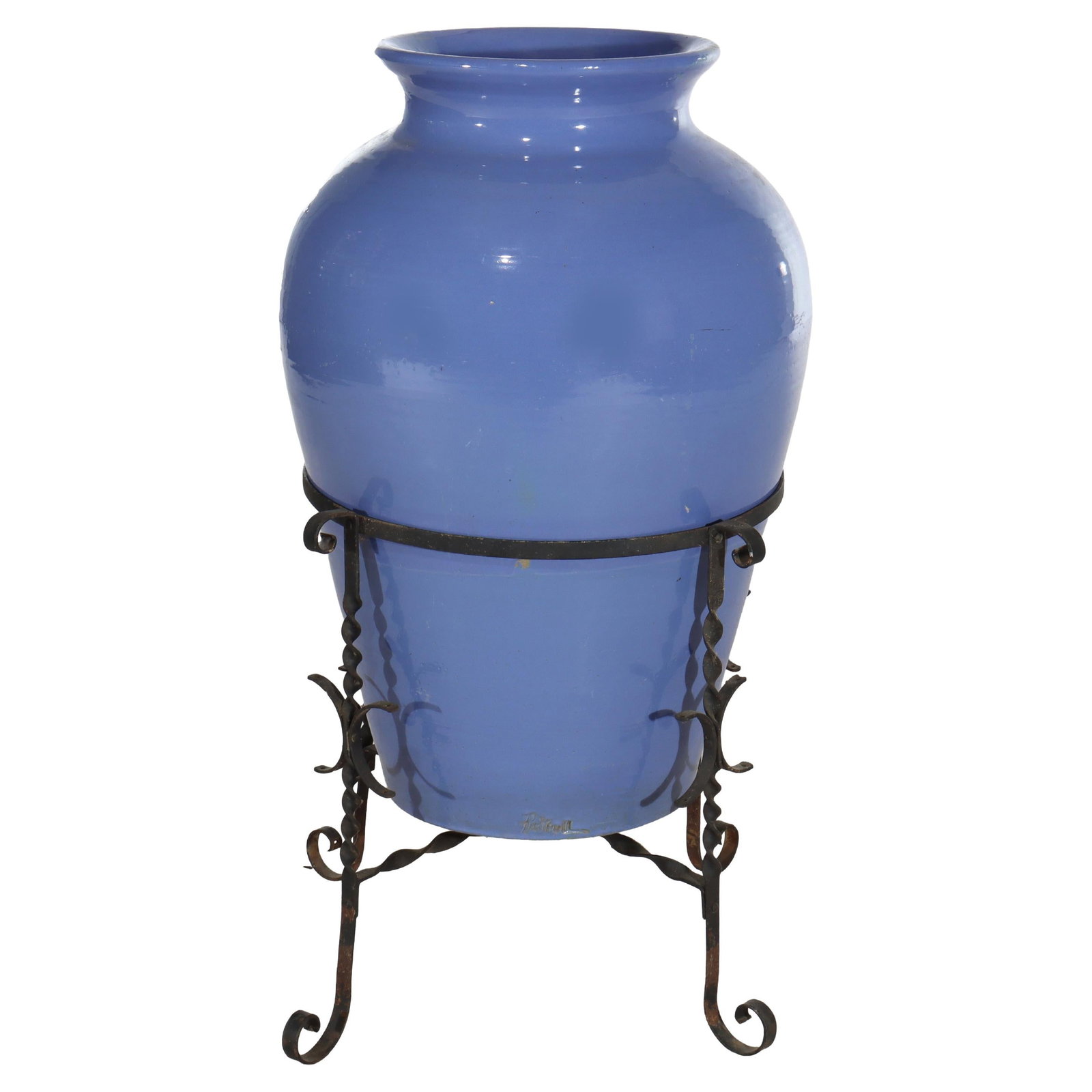 Monumental Arts & Crafts Pottery Oil Jar with Wrought Iron Stand c1920 Signed: Monumental Arts & Crafts Pottery Oil Jar with Wrought Iron Stand c1920 Signed This monumental antique Arts & Crafts pottery oil jar, dating back to circa 1920, showcases an exquisite blue glaze and is