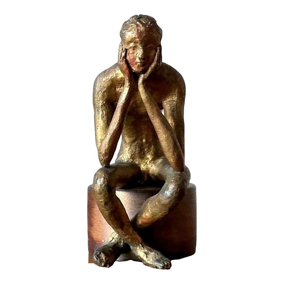 1957 Walt Haynes Signed Male Figure Sculpture with Gilt Patina on Wood Base: 1957 Walt Haynes Signed Male Figure Sculpture with Gilt Patina on Wood Base This vintage 1957 sculpture by artist Walt Haynes features a contemplative male figure with a modernist design and a rich gi