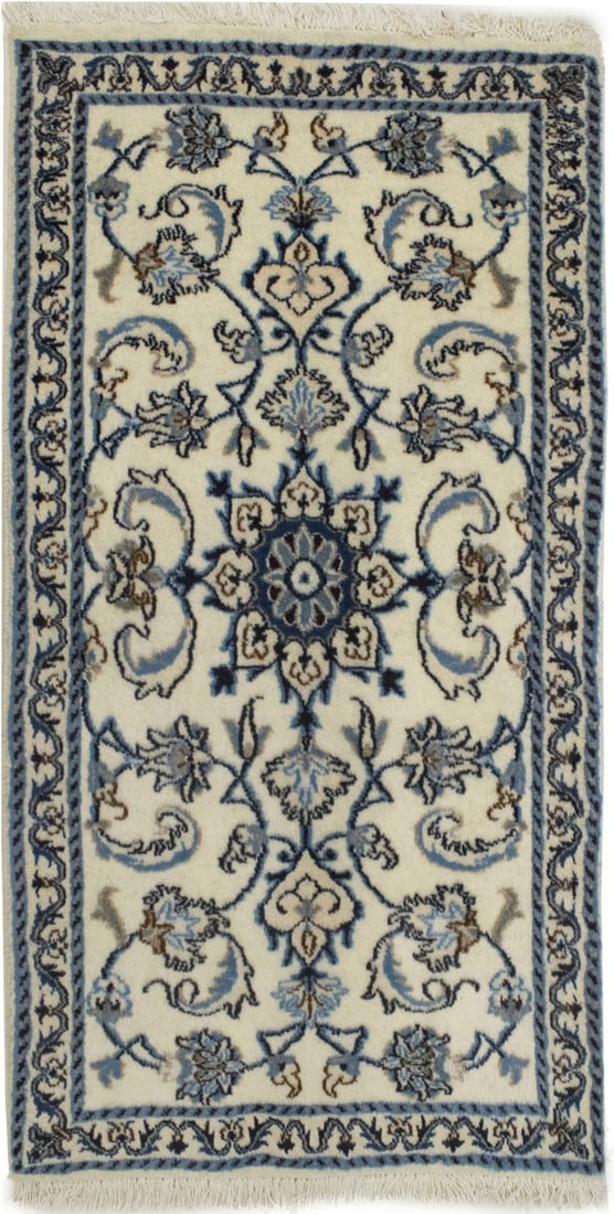 Hand-Knotted Wool Nain Style Area Rug 2'2 x 4'4 Floral Pattern: Hand-Knotted Wool Nain Style Area Rug 2'2 x 4'4 Floral Pattern This handmade Nain-style oriental rug features a classic floral pattern in cream, beige, blue, and dark navy colors. Crafted from plush w