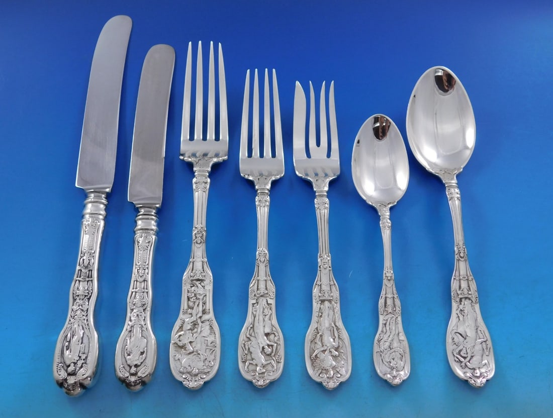 87 Piece Gorham Mythologique Sterling Silver Flatware Service Set: 87 Piece Gorham Mythologique Sterling Silver Flatware Service Set This is a Mythologique pattern flatware set by Gorham in sterling silver, made in the United States. The set is described as a dinner 
