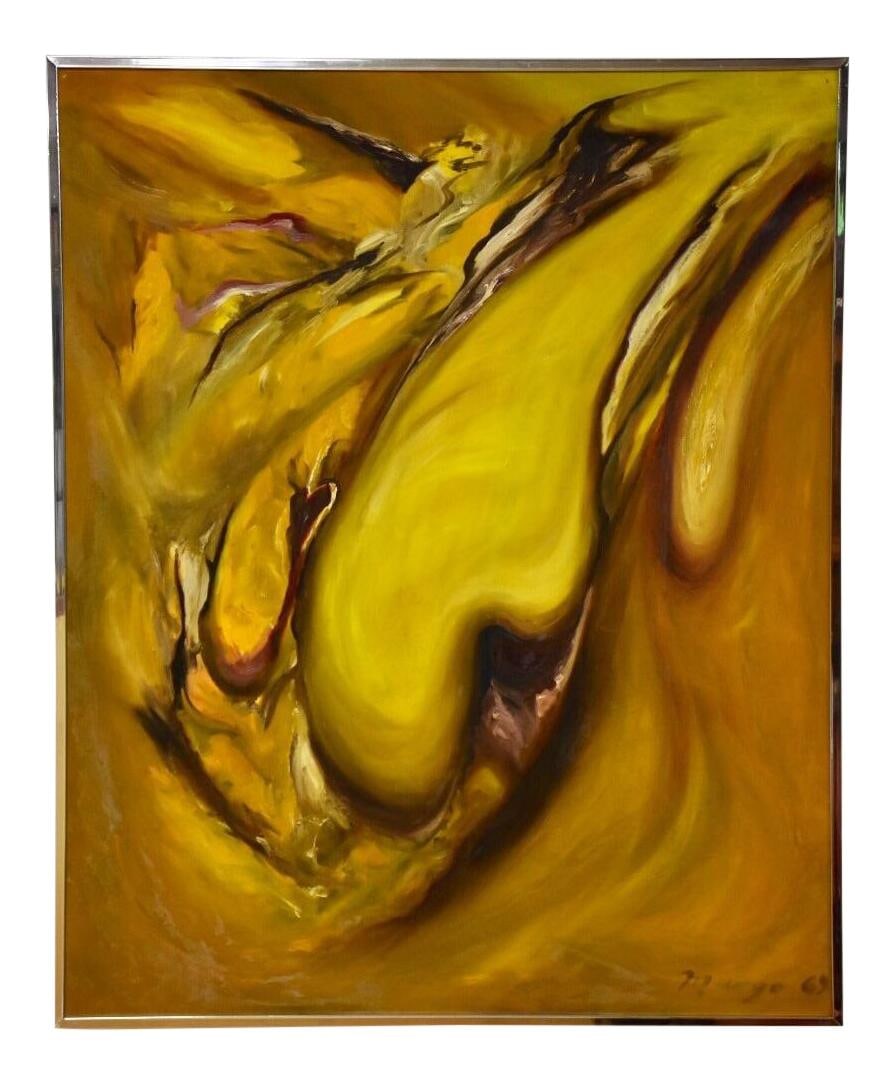 Boris Margo 1969 Abstract Painting in Yellow and Orange: Boris Margo 1969 Abstract Painting in Yellow and Orange This stunning mid-century modern abstract painting by Boris Margo features vibrant shades of yellow and orange, creating a captivating visual ex