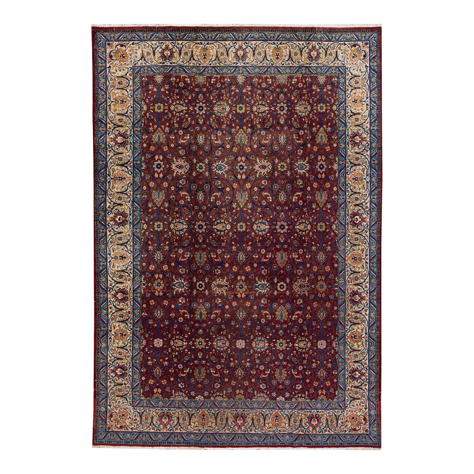 Vintage Persian Tabriz Handmade Wool Rug Ruby Red Floral 8'11 x 12'7: Vintage Persian Tabriz Handmade Wool Rug Ruby Red Floral 8'11 x 12'7 Add a touch of elegance to your home with this stunning vintage Persian Tabriz hand-knotted wool rug. Featuring a vibrant ruby red 
