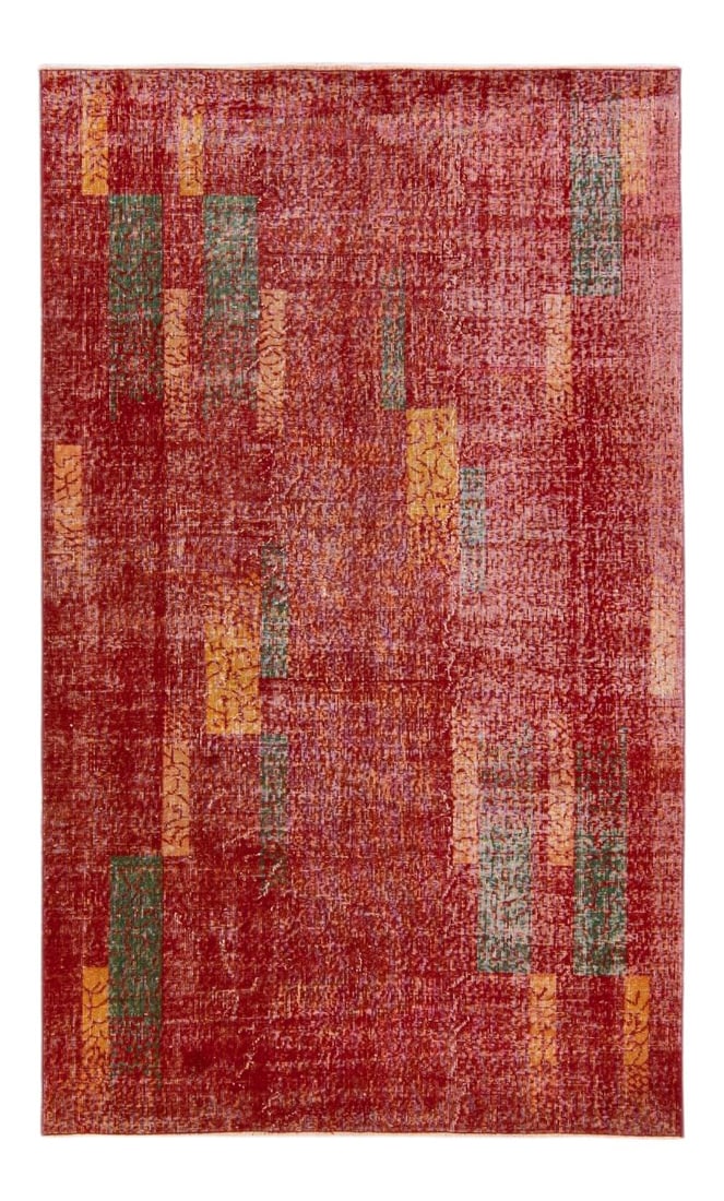 Vintage Turkish Hand-Knotted Wool Rug Red Abstract Design 5'1 x 8'3: Vintage Turkish Hand-Knotted Wool Rug Red Abstract Design 5'1 x 8'3 This stunning vintage Turkish hand-knotted wool rug features a distressed red field adorned with a captivating all-over abstract des