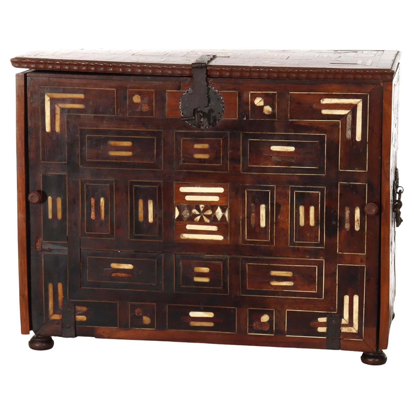 Spanish Mahogany Vargueno Cabinet with Bone Inlay and Iron Hardware Circa 1670: Spanish Mahogany Vargueno Cabinet with Bone Inlay and Iron Hardware Circa 1670 This late 17th-century Spanish vargueno is crafted from rich mahogany and features intricate bone inlay and robust wrough