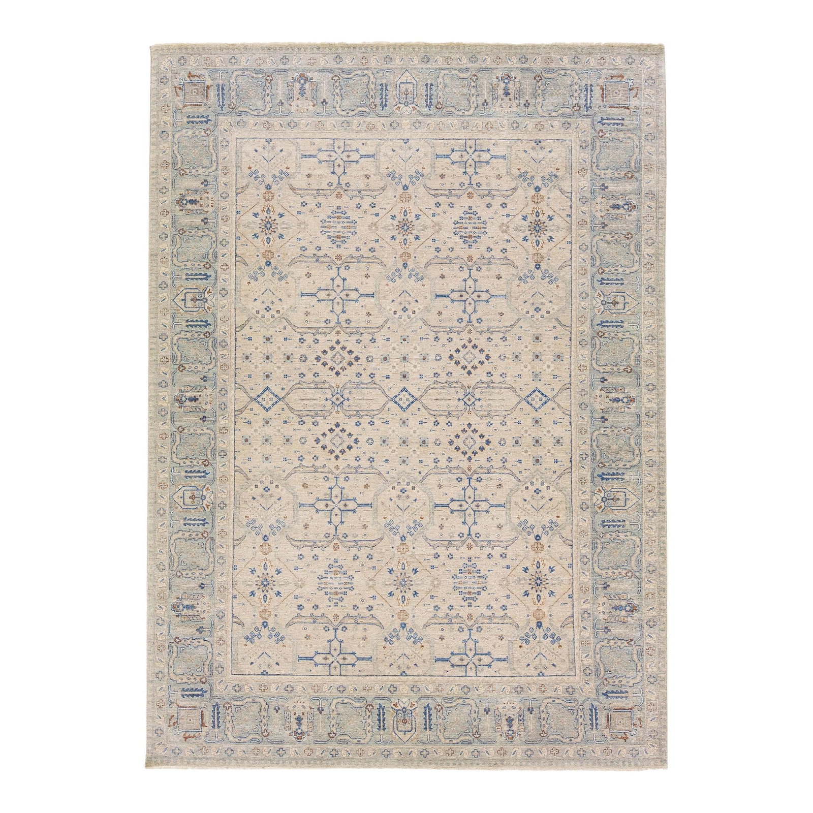 Beige Floral Wool Rug 9'10 x 13'8 Handmade: Beige Floral Wool Rug 9'10 x 13'8 Handmade Experience the elegance of handcrafted artistry with this Beige Modern Indian Handmade Floral Wool Rug. Part of Artisan line, this rug presents a unique take