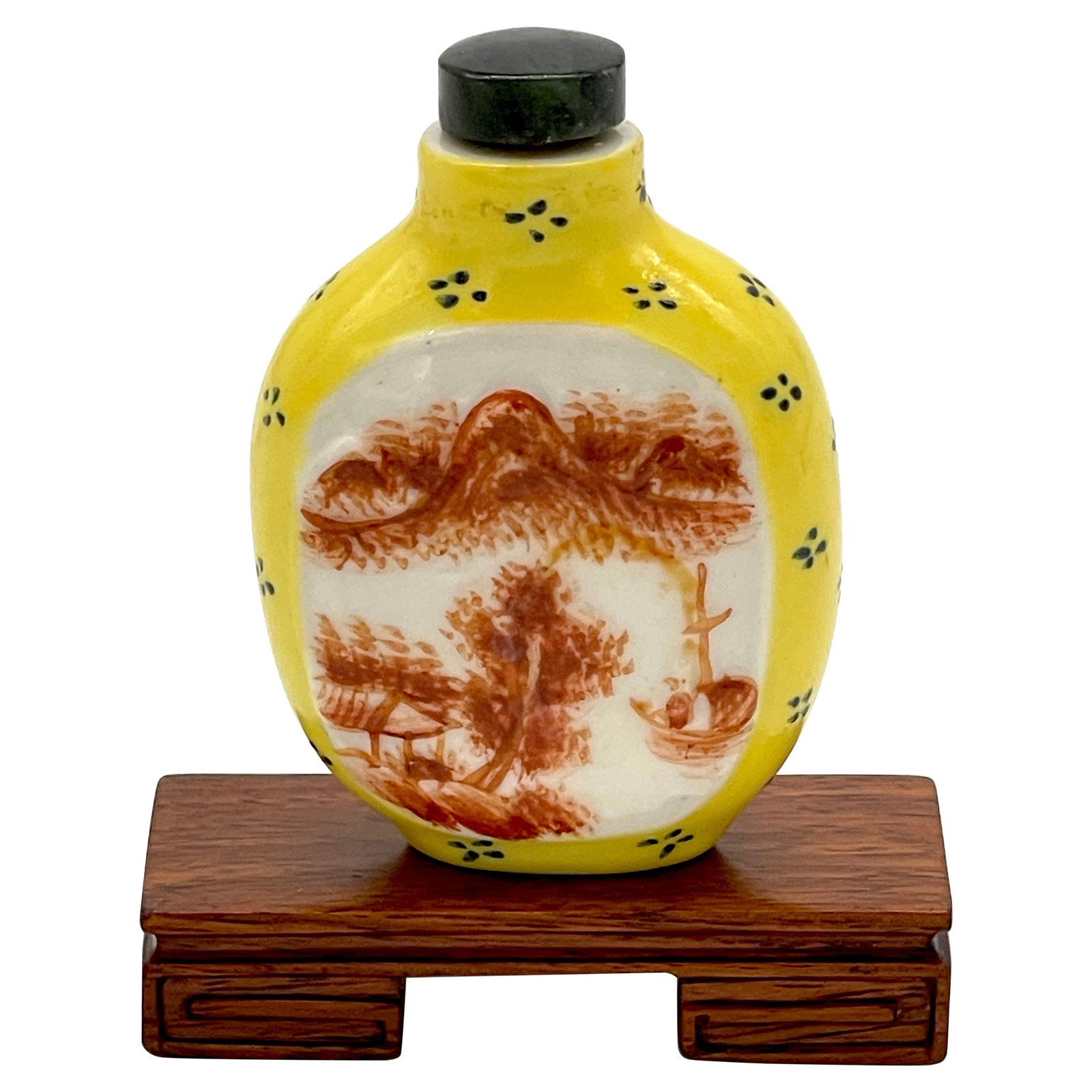Signed Chinese Yellow Peking Glass Scenic Snuff Bottle with Hardwood Stand: Signed Chinese Yellow Peking Glass Scenic Snuff Bottle with Hardwood Stand This exquisite Chinese yellow Peking glass snuff bottle and stand from the 20th century features a stunning imperial yellow b