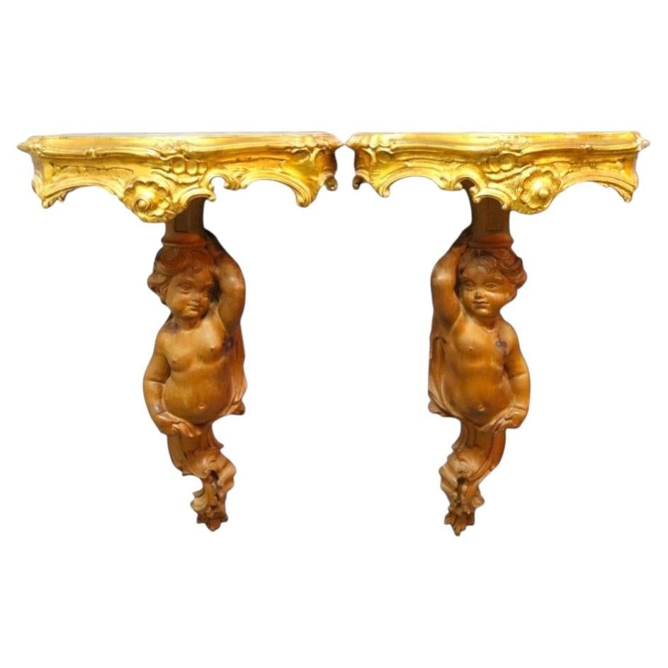 Set of 2 French Louis XIV Style Cherub Wood Wall Sconces (1 of 10)