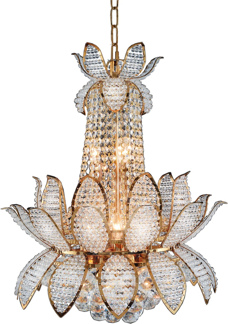 Artistry Flower Crystal Chandelier 12 Light 26 Inch 24K Gold: Artistry Flower Crystal Chandelier 12 Light 26 Inch 24K Gold This elegant chandelier features a 24K gold color frame adorned with high-quality K9 and Asfour crystals in a distinctive flower design. Th