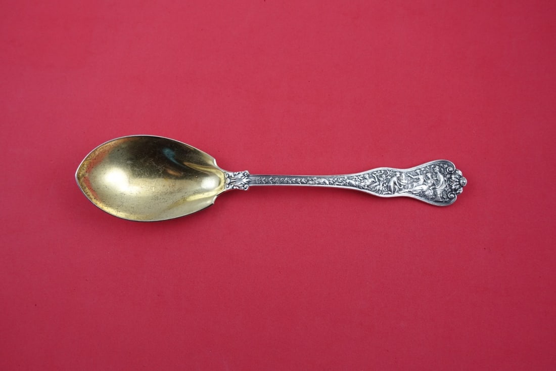 Tiffany Olympian Sterling Silver Pudding Spoon 9" Gold-Washed Monogrammed M: Tiffany Olympian Sterling Silver Pudding Spoon 9" Gold-Washed Monogrammed M Introducing the Olympian Pudding Spoon by Tiffany & Co., a stunning example of sterling silver craftsmanship. This exquisite