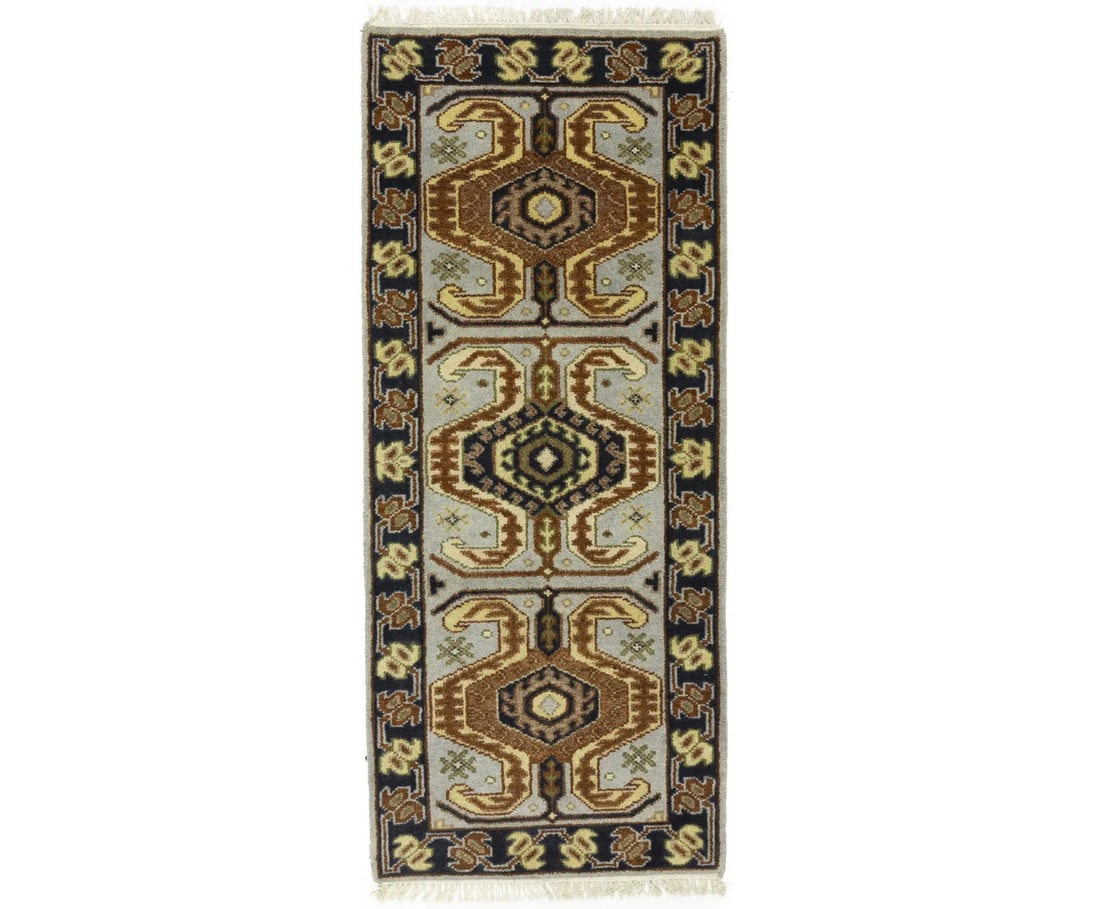 Heriz Serapi Wool Hand Knotted Area Rug 2'7 x 6'0: Heriz Serapi Wool Hand Knotted Area Rug 2'7 x 6'0 This hand-knotted Heriz Serapi Oriental rug from India features a geometric tribal pattern in shades of light gray, dark navy, rust, and light green. 